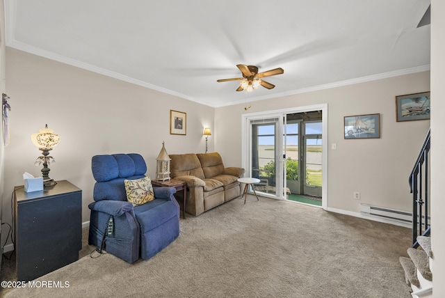 100 Seaview Ave Unit 4-12, Monmouth Beach, NJ 07750 - living area featuring carpet floors, a baseboard heating unit, crown molding, ceiling fan, and stairs