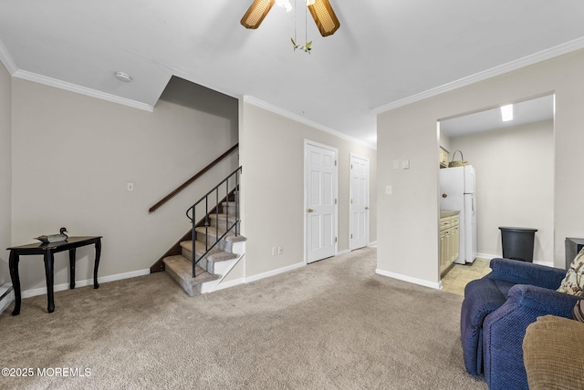 100 Seaview Ave Unit 4-12, Monmouth Beach, NJ 07750 - living room featuring ornamental molding, ceiling fan, light colored carpet, stairway, and baseboards