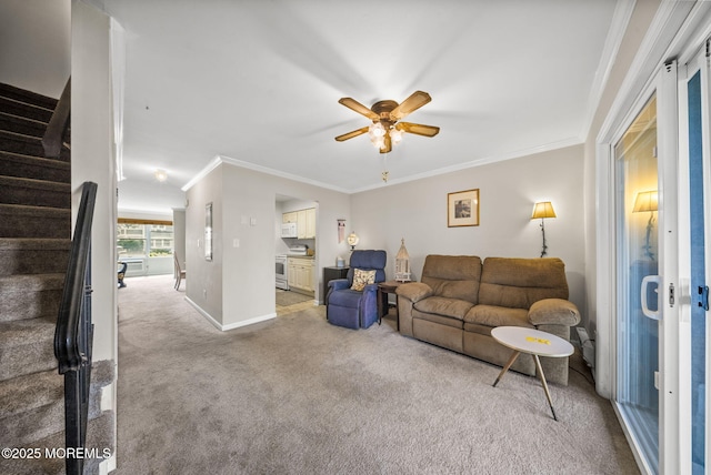 100 Seaview Ave Unit 4-12, Monmouth Beach, NJ 07750 - living room with light carpet, crown molding, stairs, ceiling fan, and baseboards
