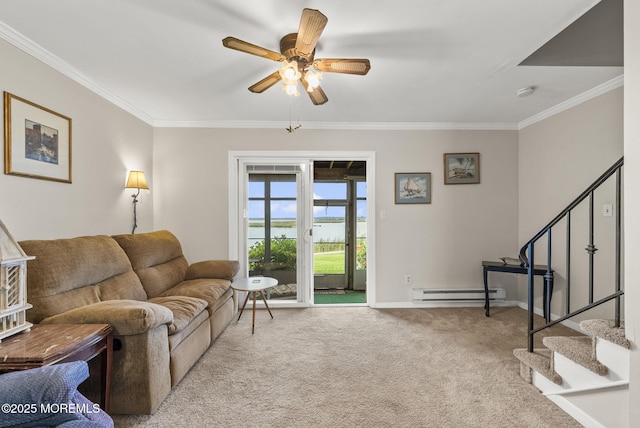 100 Seaview Ave Unit 4-12, Monmouth Beach, NJ 07750 - carpeted living area with a baseboard heating unit, crown molding, stairway, a ceiling fan, and a water view