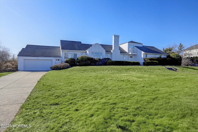 58 Ocean Ave, Deal, NJ 07723 - view of front facade featuring a garage, driveway, a front lawn, and a chimney