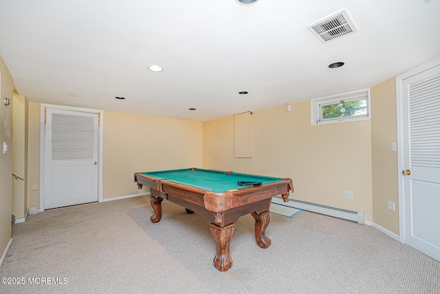 6 Quid Pl, Manalapan, NJ 07726 - recreation room featuring a baseboard heating unit, light colored carpet, pool table, baseboards, and recessed lighting