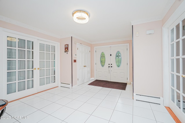 6 Quid Pl, Manalapan, NJ 07726 - foyer with a baseboard radiator, french doors, tile patterned floors, ornamental molding, and baseboards