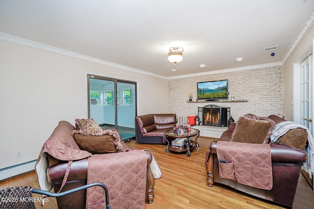 6 Quid Pl, Manalapan, NJ 07726 - living area featuring wood finished floors, a fireplace, ornamental molding, brick wall, and a baseboard heating unit