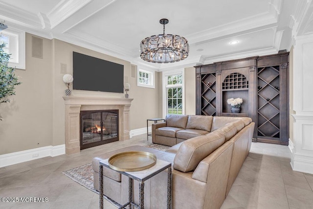 23 Pilgrim Way, Colts Neck, NJ 07722 - tiled living room featuring crown molding, a glass covered fireplace, a chandelier, baseboards, and recessed lighting