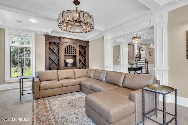 23 Pilgrim Way, Colts Neck, NJ 07722 - living room featuring decorative columns, a chandelier, baseboards, crown molding, and light tile patterned floors