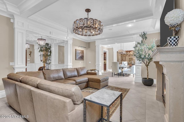 23 Pilgrim Way, Colts Neck, NJ 07722 - living area with ornate columns, a chandelier, ornamental molding, light tile patterned floors, and recessed lighting