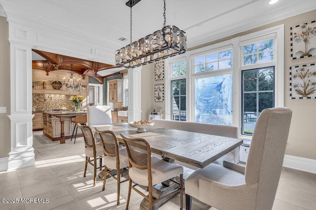 23 Pilgrim Way, Colts Neck, NJ 07722 - dining area with decorative columns, crown molding, a chandelier, light tile patterned floors, and recessed lighting