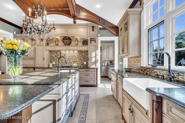 23 Pilgrim Way, Colts Neck, NJ 07722 - kitchen featuring a sink, cream cabinets, backsplash, and recessed lighting