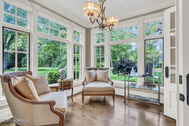 23 Pilgrim Way, Colts Neck, NJ 07722 - sunroom featuring plenty of natural light, crown molding, a chandelier, and wood finished floors