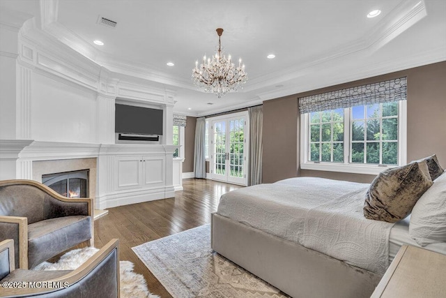 23 Pilgrim Way, Colts Neck, NJ 07722 - bedroom featuring a chandelier, crown molding, wood finished floors, a high end fireplace, and recessed lighting