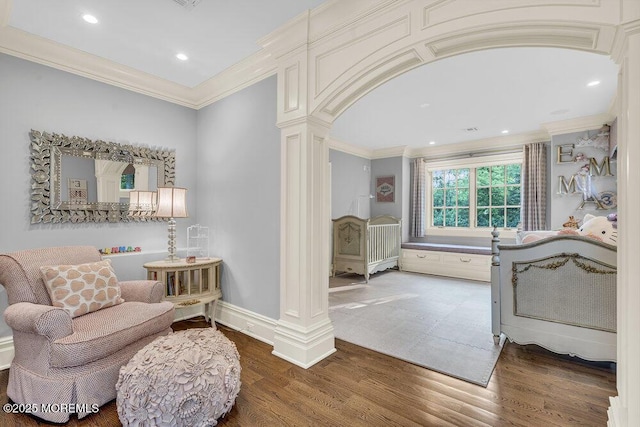23 Pilgrim Way, Colts Neck, NJ 07722 - bedroom featuring ornate columns, ornamental molding, wood finished floors, recessed lighting, and baseboards