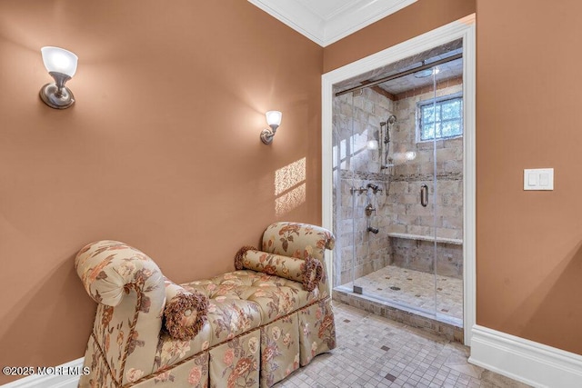 23 Pilgrim Way, Colts Neck, NJ 07722 - full bath featuring a stall shower, crown molding, baseboards, and tile patterned floors
