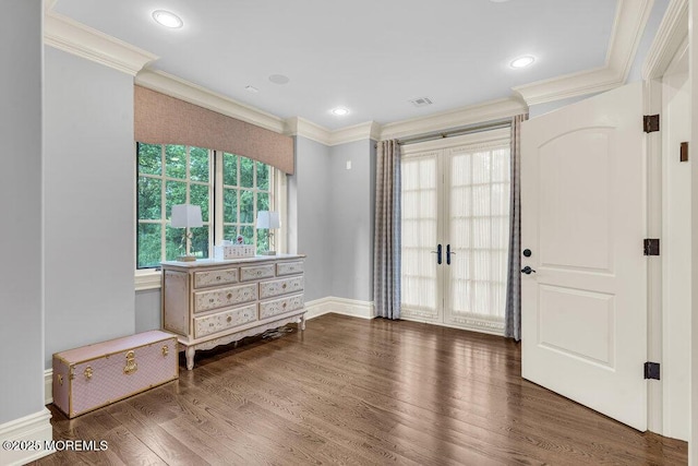 23 Pilgrim Way, Colts Neck, NJ 07722 - entryway with crown molding, wood finished floors, baseboards, french doors, and recessed lighting