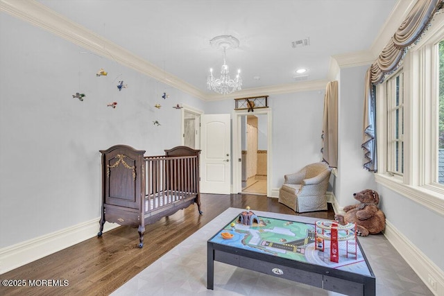 23 Pilgrim Way, Colts Neck, NJ 07722 - bedroom featuring a chandelier, ornamental molding, baseboards, and wood finished floors