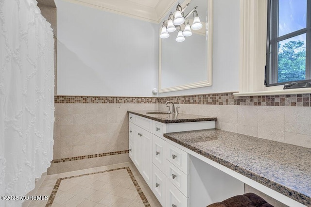 23 Pilgrim Way, Colts Neck, NJ 07722 - bathroom with vanity, crown molding, a chandelier, inlaid floor details, and wainscoting