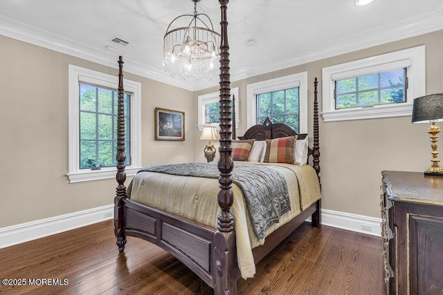 23 Pilgrim Way, Colts Neck, NJ 07722 - bedroom featuring baseboards, multiple windows, a chandelier, dark wood finished floors, and crown molding