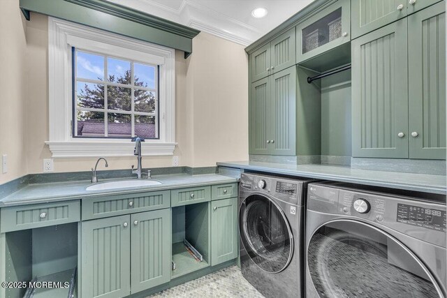 23 Pilgrim Way, Colts Neck, NJ 07722 - washroom with cabinet space, washing machine and clothes dryer, and ornamental molding