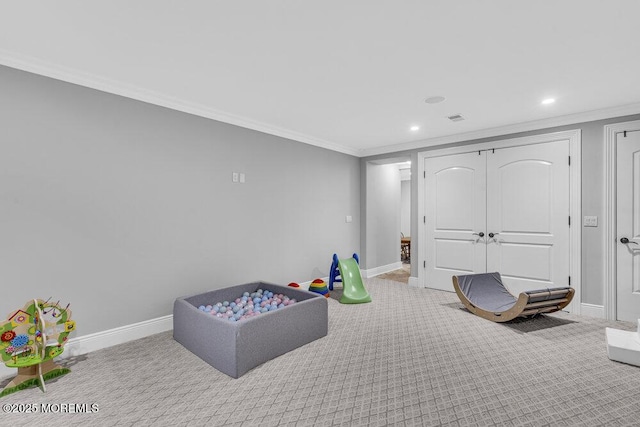 23 Pilgrim Way, Colts Neck, NJ 07722 - recreation room featuring baseboards, carpet flooring, crown molding, and recessed lighting
