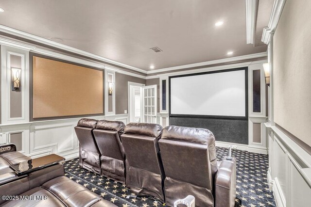 23 Pilgrim Way, Colts Neck, NJ 07722 - carpeted cinema room featuring a decorative wall, crown molding, recessed lighting, and wainscoting