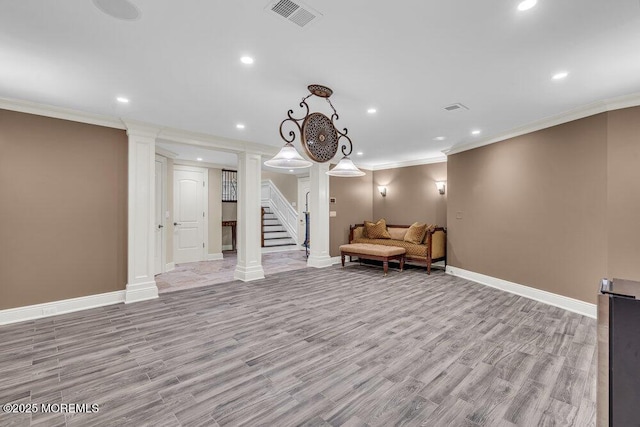 23 Pilgrim Way, Colts Neck, NJ 07722 - living area with baseboards, decorative columns, wood finished floors, crown molding, and stairs
