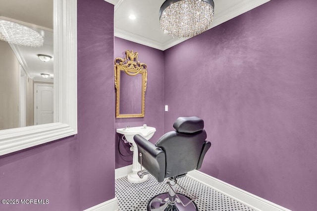 23 Pilgrim Way, Colts Neck, NJ 07722 - office area with baseboards, a chandelier, and ornamental molding
