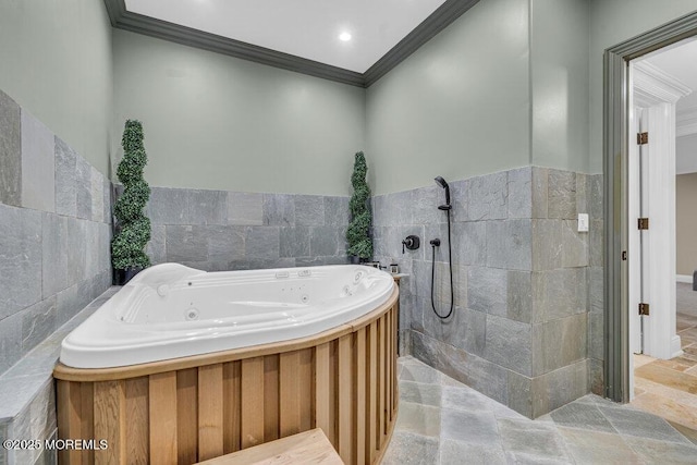 23 Pilgrim Way, Colts Neck, NJ 07722 - bathroom with tile walls, ornamental molding, a jetted tub, tiled shower, and wainscoting