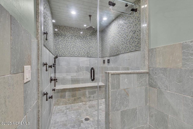 23 Pilgrim Way, Colts Neck, NJ 07722 - full bathroom featuring a shower stall, recessed lighting, and tile walls
