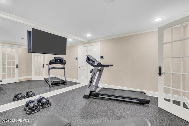23 Pilgrim Way, Colts Neck, NJ 07722 - workout area featuring ornamental molding, french doors, baseboards, and recessed lighting