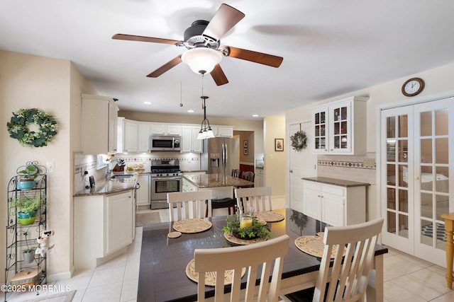 1102 Schencks Mill Line Rd, Toms River, NJ 08753 - dining room with light tile patterned flooring, french doors, ceiling fan, and recessed lighting