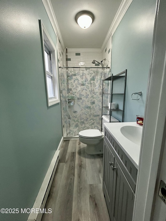 470 Mantoloking Rd, Brick, NJ 08723 - full bath featuring wood finished floors, a shower stall, a baseboard radiator, toilet, and vanity
