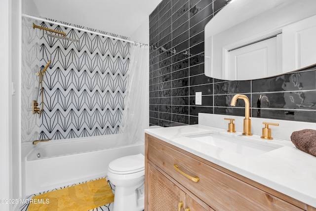 118 Cedar Point Ave, Brick, NJ 08723 - full bath featuring vanity, shower / bath combo, toilet, tile walls, and backsplash