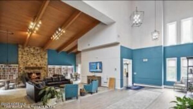 62 Woodshill Dr S, Lakewood, NJ 08701 - common area with high vaulted ceiling and wooden ceiling with exposed beams