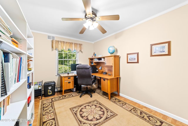 21 Tanglewood Pl, Monroe, NJ 08831 - office space featuring light wood-style flooring, ceiling fan, crown molding, a baseboard heating unit, and baseboards