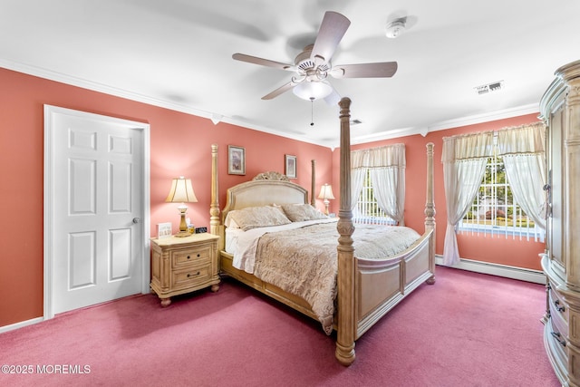 21 Tanglewood Pl, Monroe, NJ 08831 - bedroom featuring baseboard heating, dark colored carpet, crown molding, and a ceiling fan