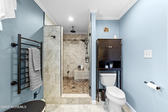 21 Tanglewood Pl, Monroe, NJ 08831 - full bathroom with toilet, a stall shower, ornamental molding, baseboards, and a towel warmer