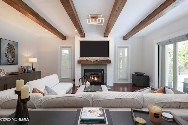 5 Buchop Ln, Red Bank, NJ 07701 - living area featuring a fireplace, beamed ceiling, recessed lighting, and wood finished floors