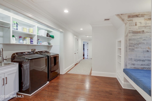 5 Buchop Ln, Red Bank, NJ 07701 - laundry area with independent washer and dryer, ornamental molding, wood finished floors, and recessed lighting
