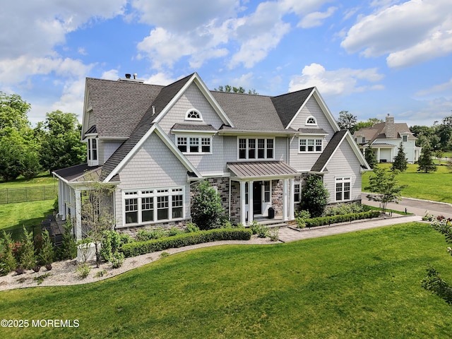 5 Buchop Ln, Red Bank, NJ 07701 - shingle-style home with stone siding, a shingled roof, and a standing seam roof