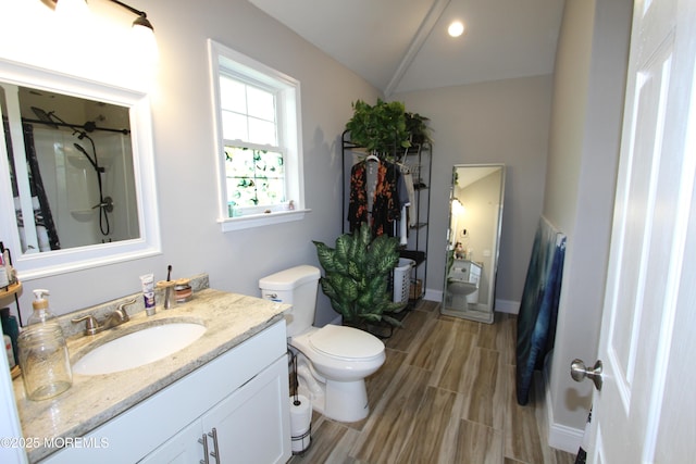 132 Sloop Rd, Manahawkin, NJ 08050 - bathroom with toilet, vanity, wood finished floors, vaulted ceiling, and a shower