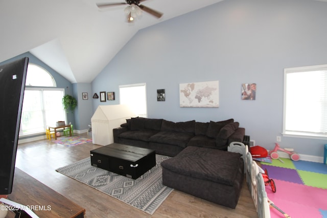132 Sloop Rd, Manahawkin, NJ 08050 - living room with a ceiling fan, lofted ceiling, wood finished floors, and baseboards