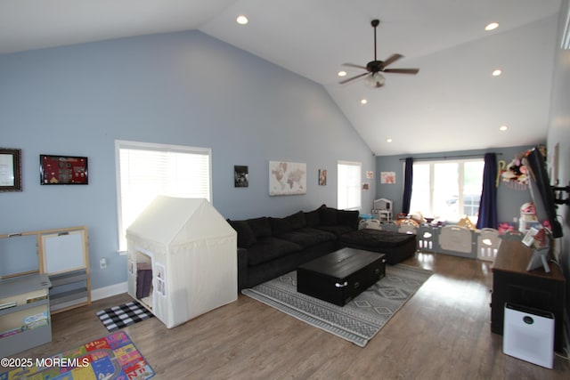 132 Sloop Rd, Manahawkin, NJ 08050 - living area featuring high vaulted ceiling, a ceiling fan, recessed lighting, and wood finished floors