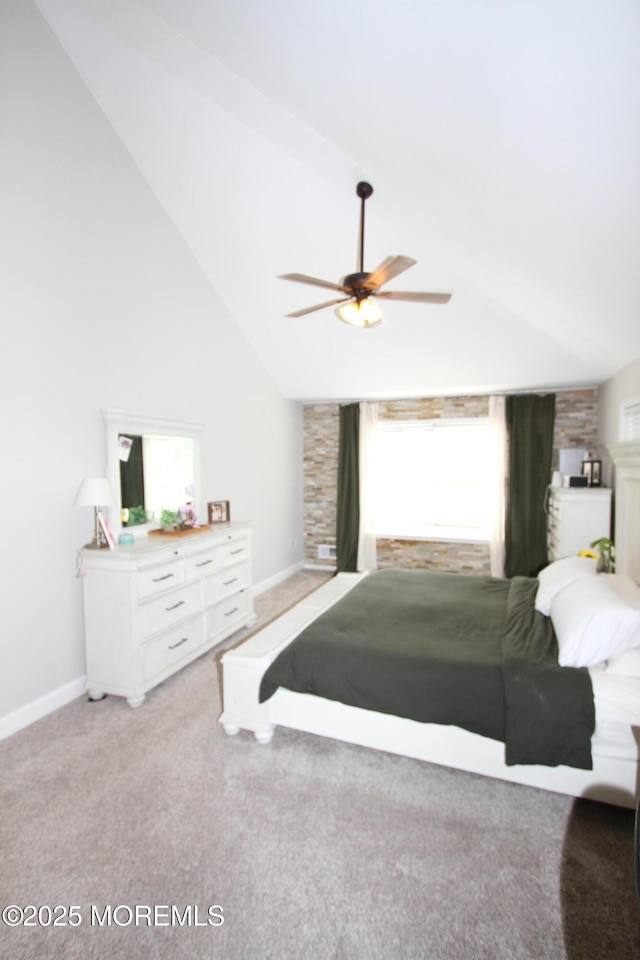 132 Sloop Rd, Manahawkin, NJ 08050 - bedroom with lofted ceiling, baseboards, light colored carpet, and ceiling fan