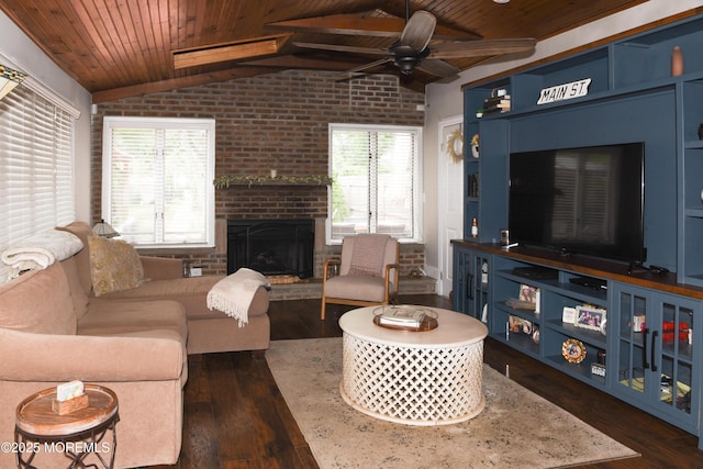 202 Main St, Matawan, NJ 07747 - living room with wood ceiling, ceiling fan, brick wall, dark wood-style floors, and healthy amount of natural light