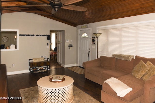 202 Main St, Matawan, NJ 07747 - living room with vaulted ceiling, wooden ceiling, baseboards, ceiling fan, and wood finished floors