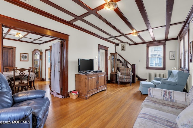 404 Saint Louis Ave, Point Pleasant Beach, NJ 08742 - living room with radiator heating unit, light wood-style floors, ornamental molding, and coffered ceiling