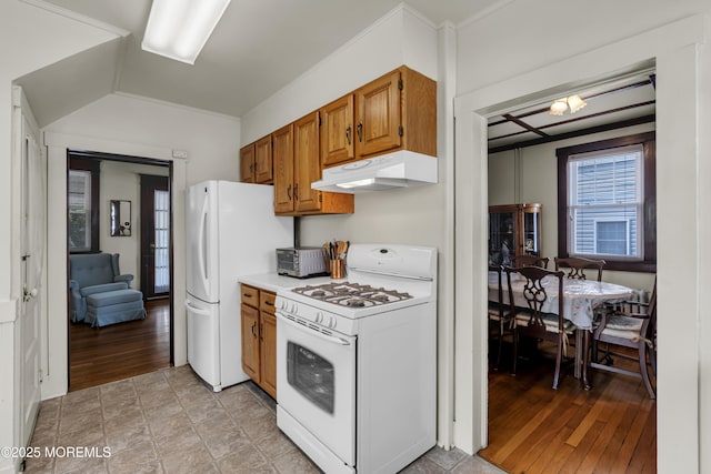 404 Saint Louis Ave, Point Pleasant Beach, NJ 08742 - kitchen featuring white appliances, under cabinet range hood, brown cabinetry, light countertops, and light wood-type flooring