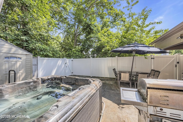 152 Redpine Loop, Old Bridge, NJ 08857 - fenced backyard with a gate, a hot tub, a patio, and a shed