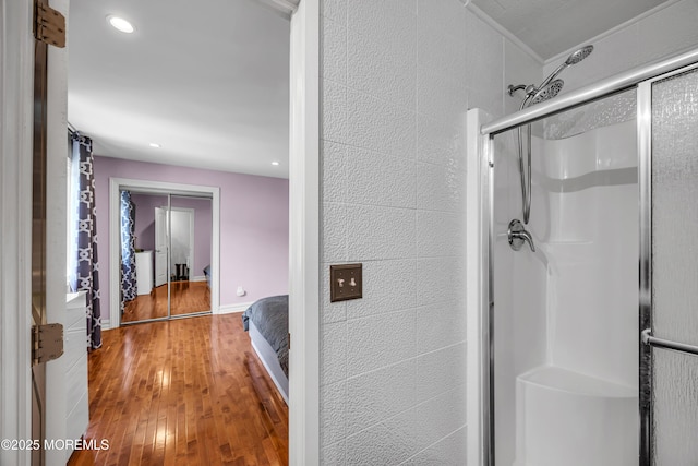 152 Redpine Loop, Old Bridge, NJ 08857 - full bathroom with a stall shower, hardwood / wood-style flooring, and recessed lighting