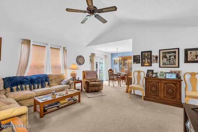 551 Petunia Ln N, Whiting, NJ 08759 - living area featuring ceiling fan, carpet floors, a chandelier, a textured ceiling, and high vaulted ceiling